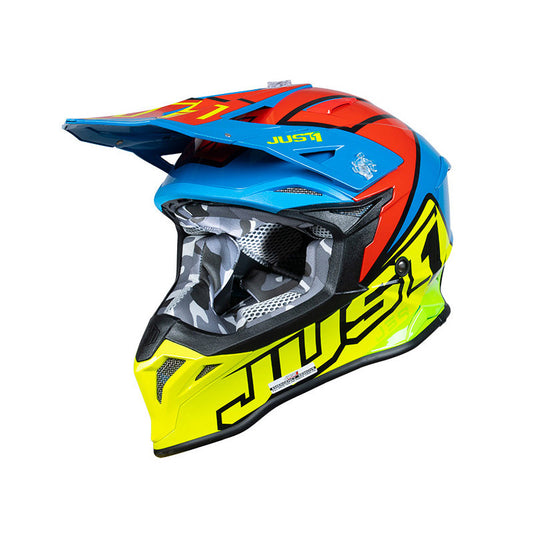 Casco Cross J39 rosso giallo fluo blu