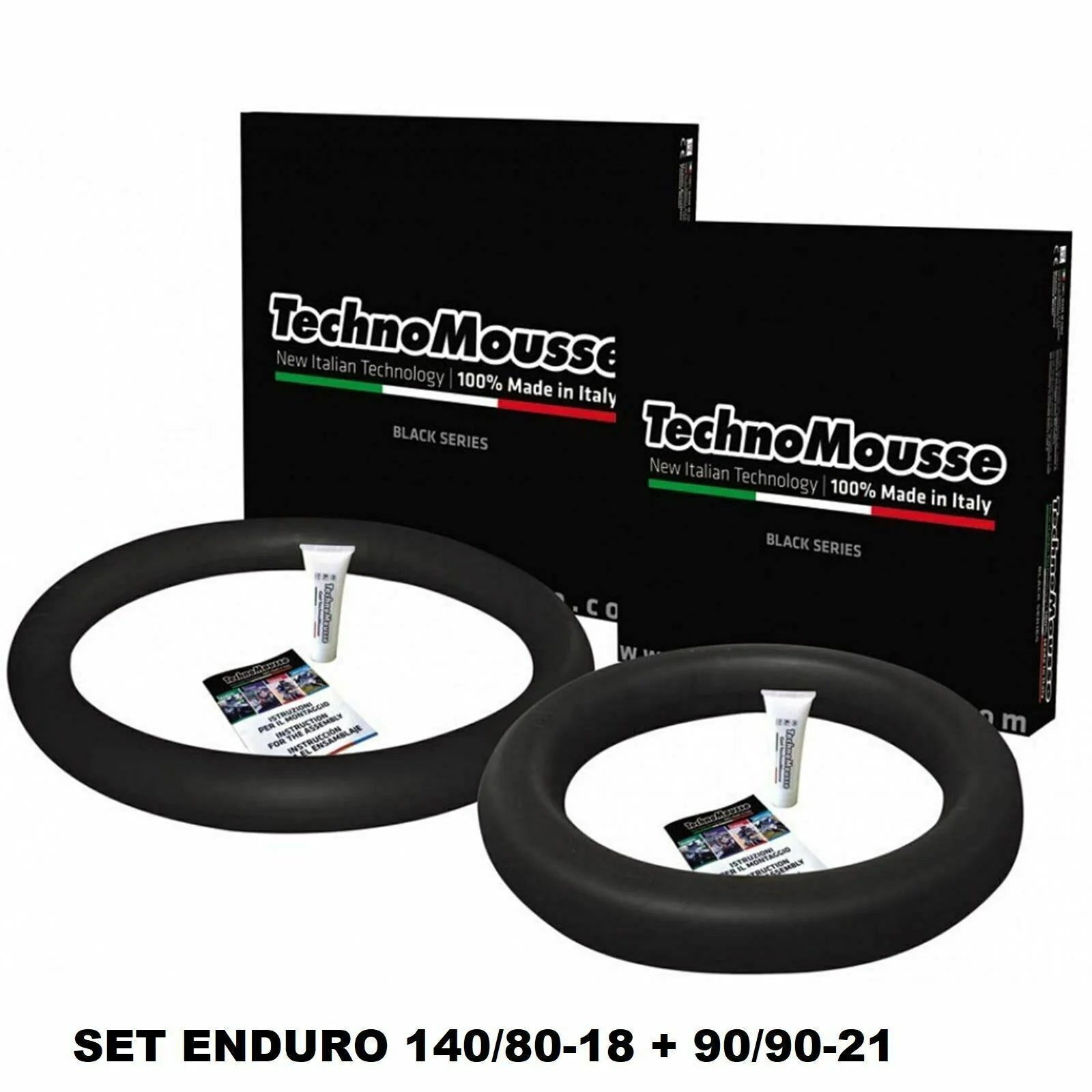 COPPIA TECHNOMOUSSE MOUSSE MOTO ANTIFORATURA MODELLO ENDURO 90-90-21 E 140-80-18